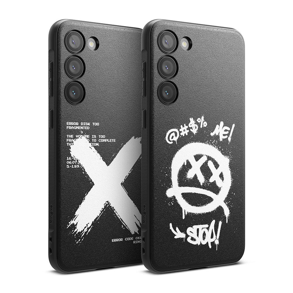 Galaxy S23 Case | Onyx Design - Two black phone cases with white graffiti-style graphics, one with an X and one with a face.