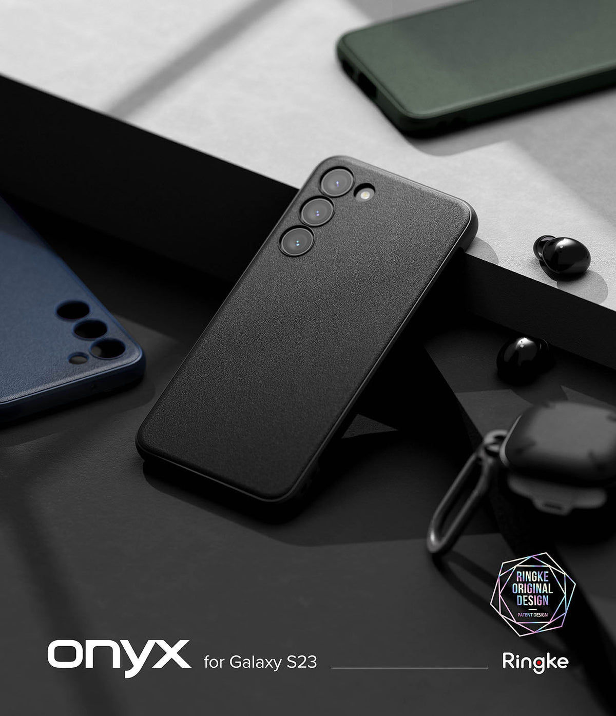 Galaxy S23 Case | Onyx - A textured black phone case for Galaxy S23 resting on a dark, geometric surface with accessories.