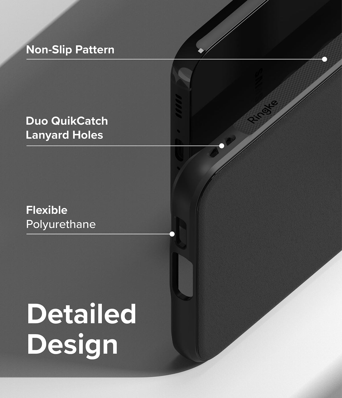 Galaxy S23 Case | Onyx - Close-up of black phone case highlighting non-slip texture, lanyard holes, and flexible material.
