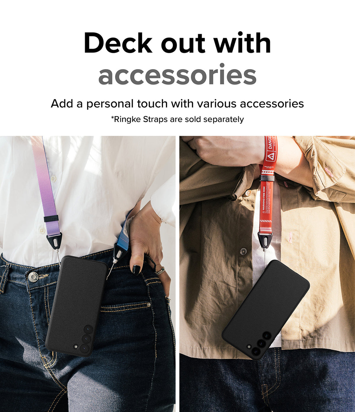 Galaxy S23 Case | Onyx - Two people wearing black phone cases on colorful neck straps as accessories.