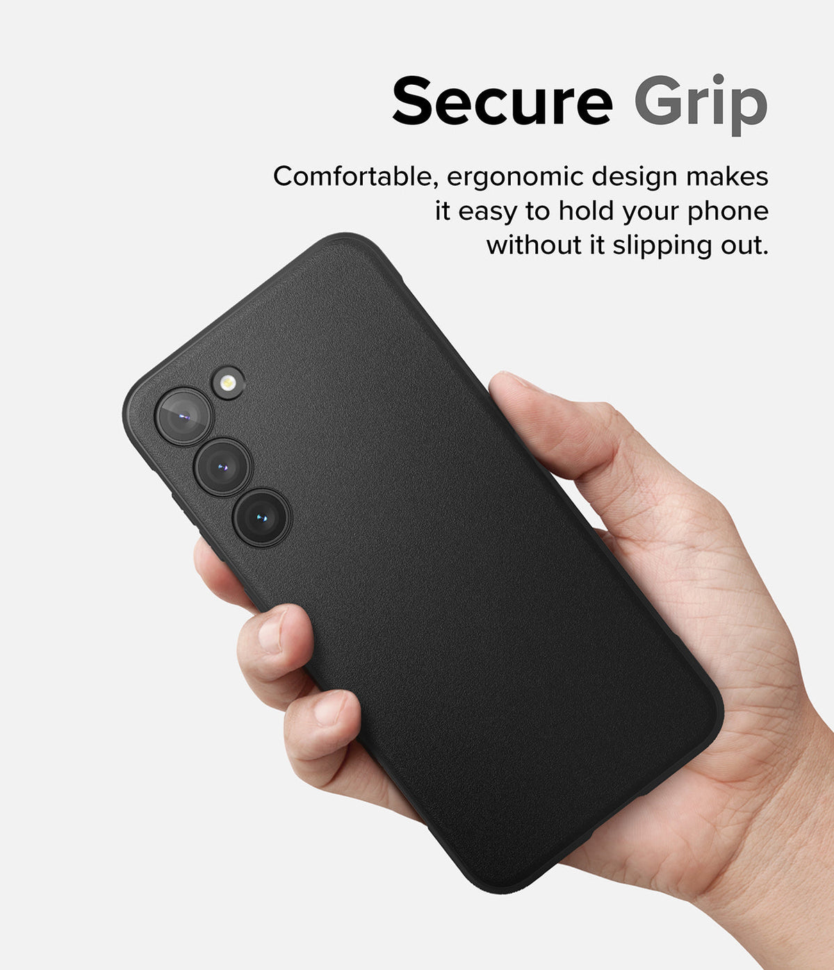 Galaxy S23 Case | Onyx - Hand holding a black Galaxy S23 in a textured case with text highlighting a secure, ergonomic grip.