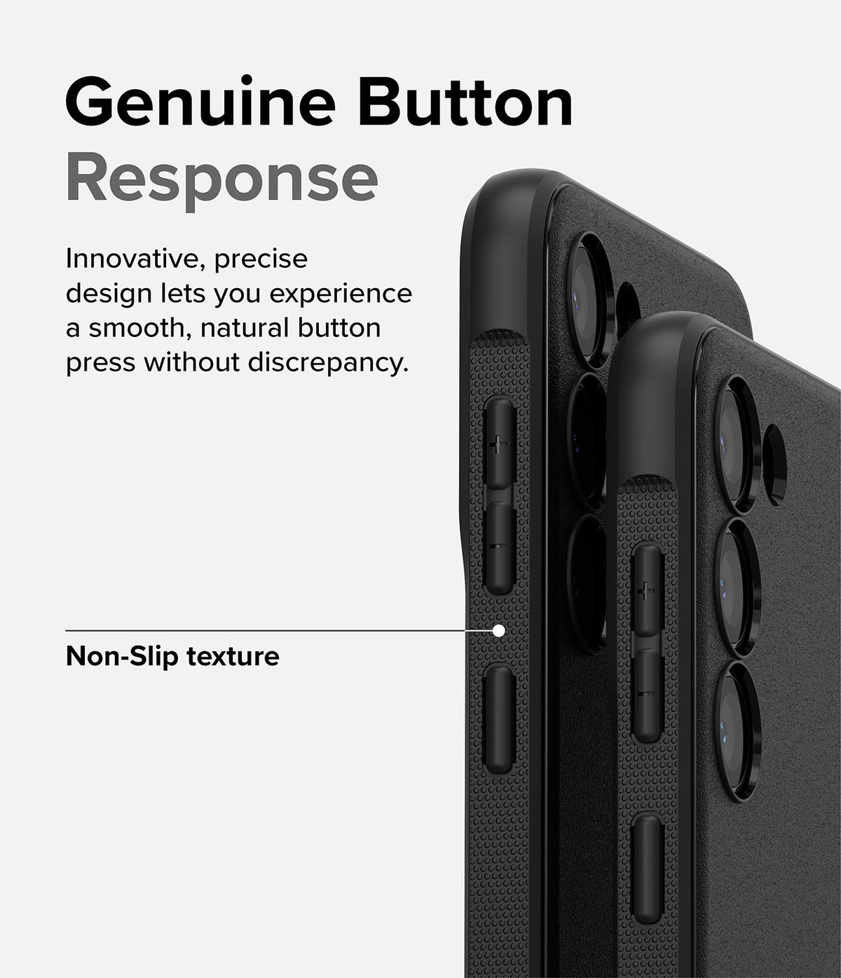 Galaxy S23 Case | Onyx - Close-up of black phone case buttons and textured side grip with descriptive text overlay.