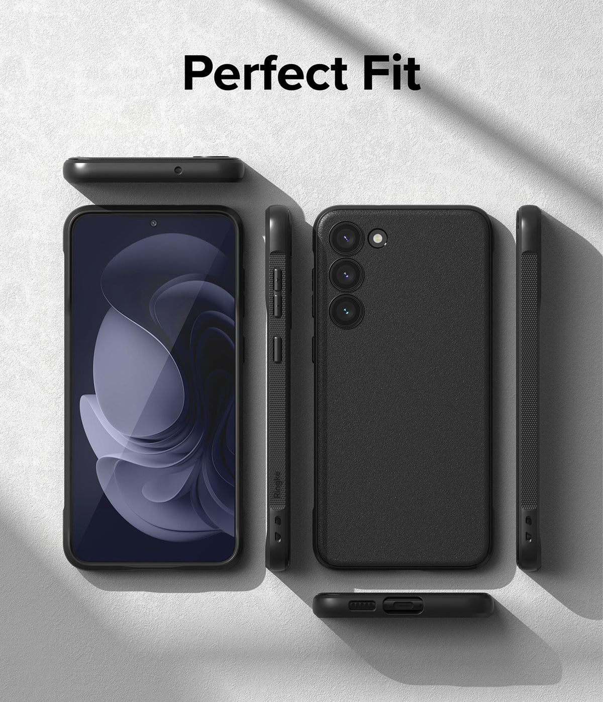 Galaxy S23 Case | Onyx - Multiple views of a black phone case showing front, back, and side profiles on a textured surface.