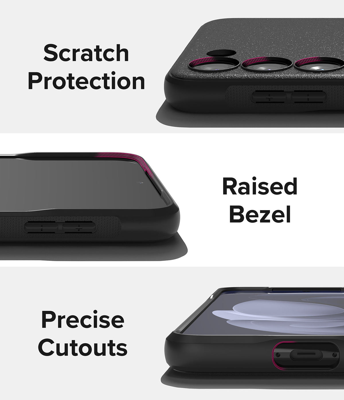 Galaxy S23 Case | Onyx - Three panels showing scratch protection, raised bezels, and precise cutouts on a black phone case.
