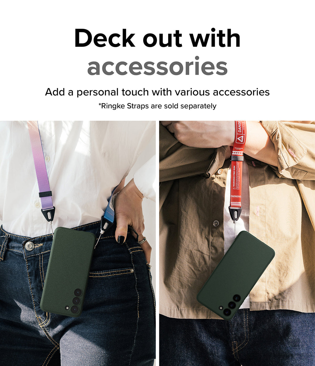 Galaxy S23 Case | Onyx - Two people wearing dark green phone cases on colorful neck straps against their clothing.