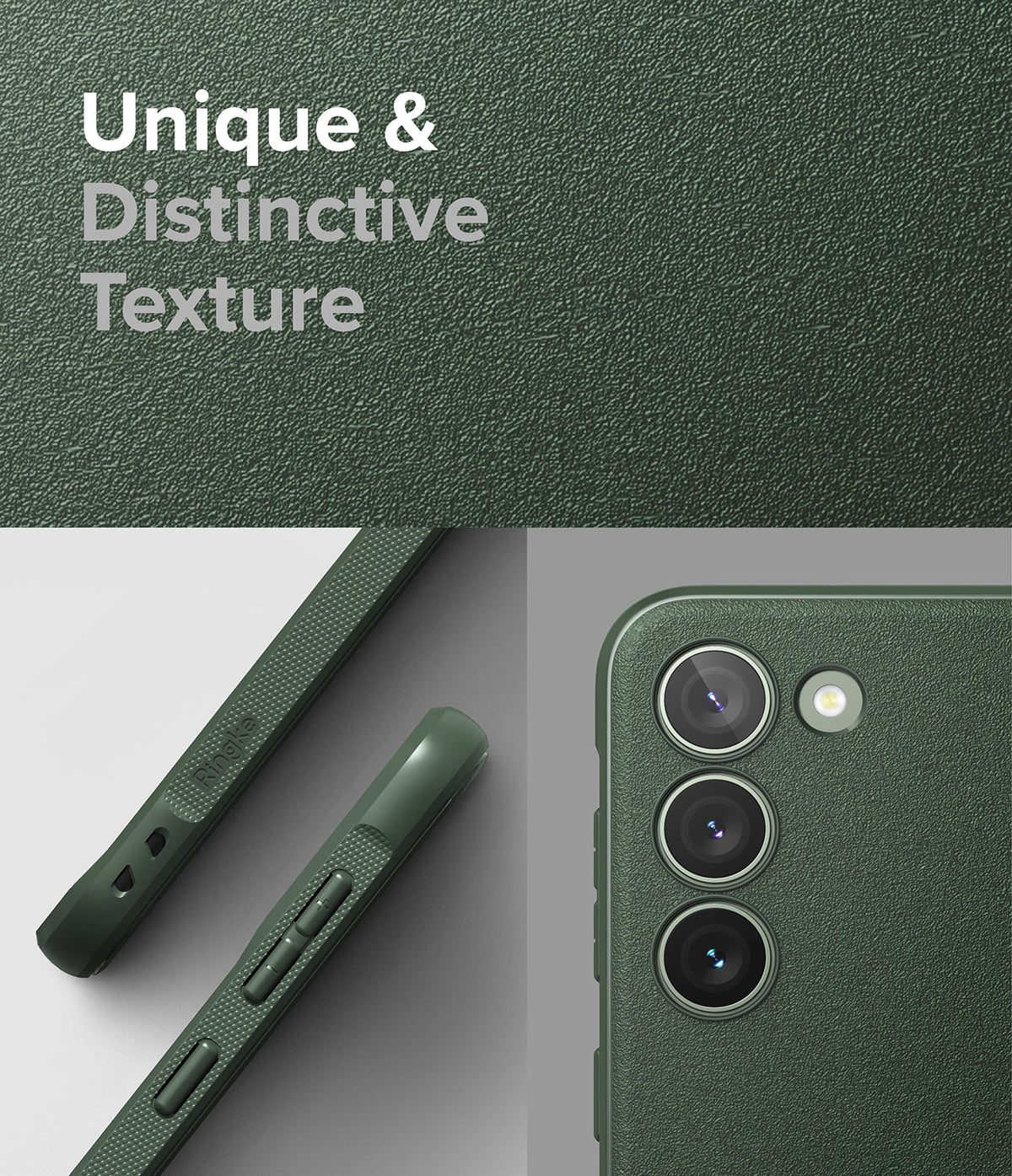 Galaxy S23 Case | Onyx - Close-up of dark green phone case with textured surface, side buttons, and camera lens cutouts.