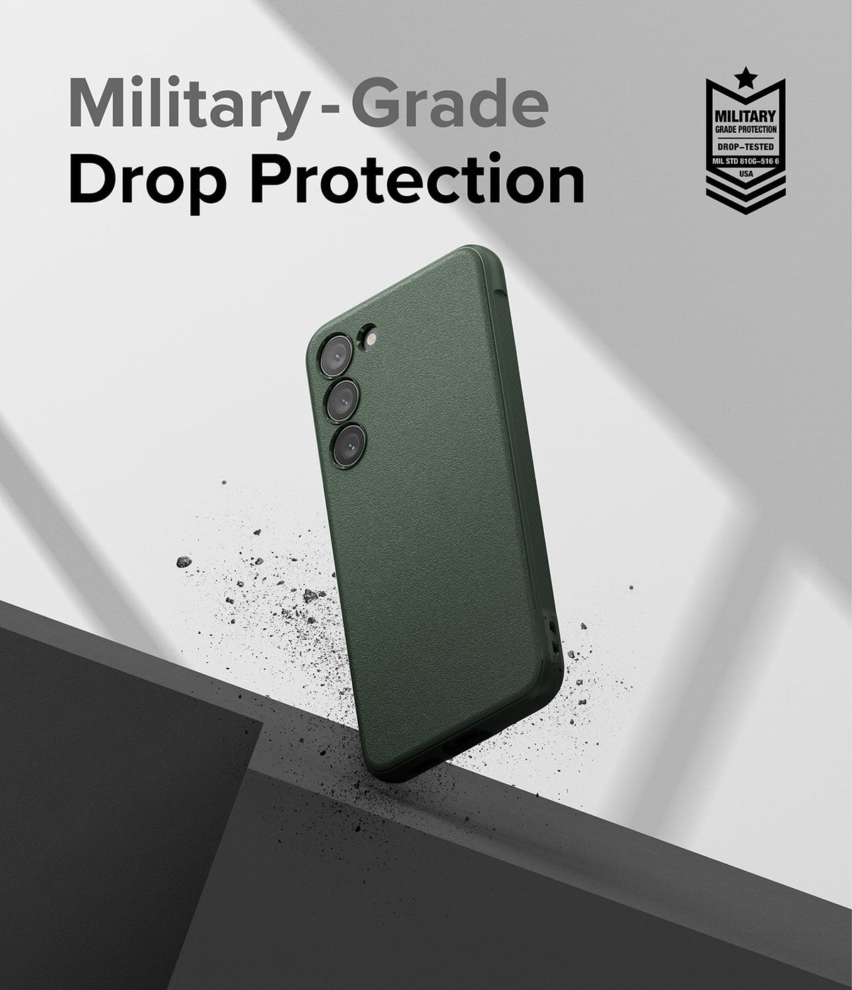 Galaxy S23 Case | Onyx - Dark green phone case with military-grade drop protection text and badge on a geometric background.