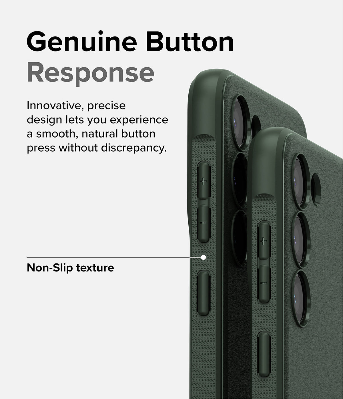 Galaxy S23 Case | Onyx - Close-up of dark green phone case buttons and textured side grip with descriptive text overlay.