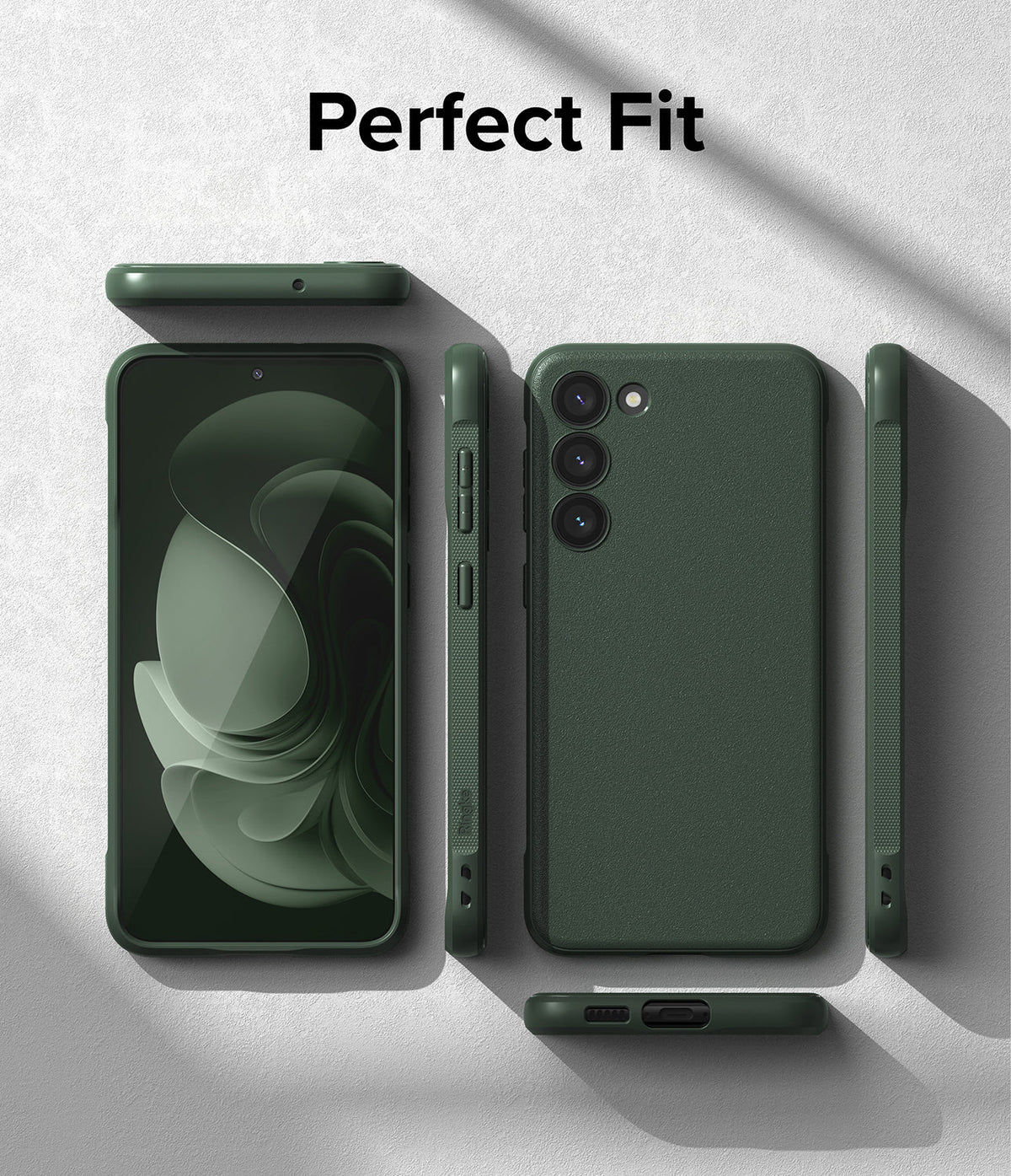 Galaxy S23 Case | Onyx - Multiple views of a dark green phone case showing front, back, and side profiles on a textured surface.