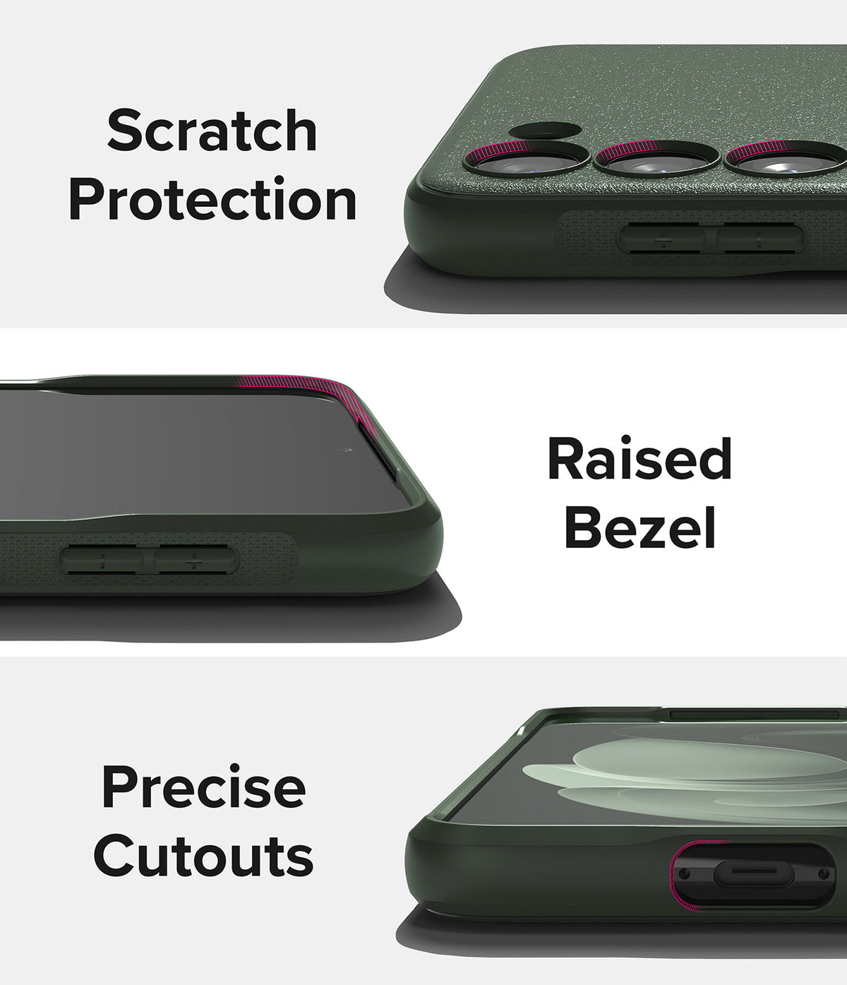 Galaxy S23 Case | Onyx - Three close-up views of a dark green phone case highlighting camera protection, raised bezels, and cutouts.