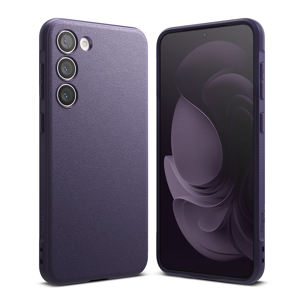 Galaxy S23 Case | Onyx - Front and back views of a textured dark purple phone case on a Galaxy S23 smartphone.