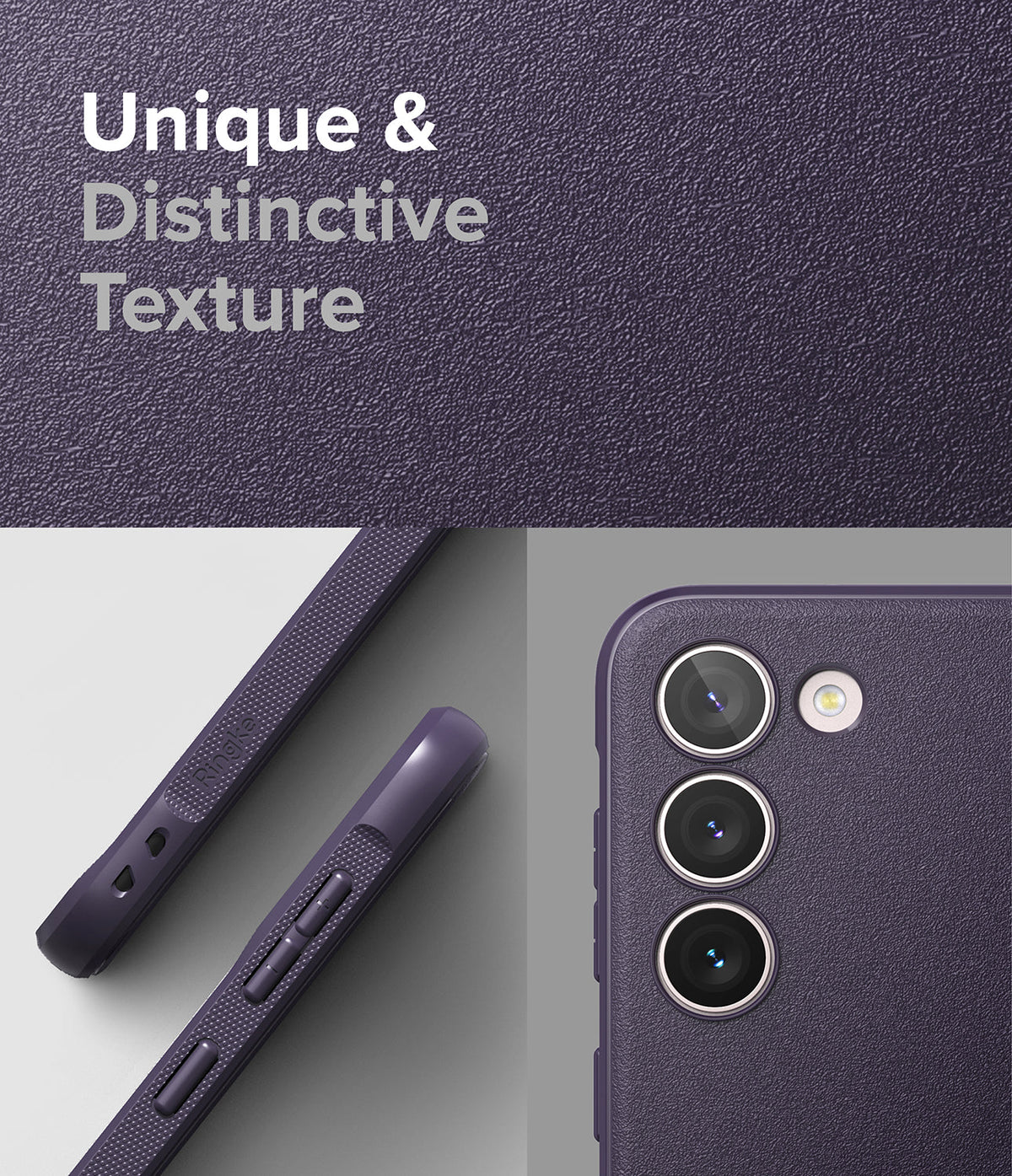 Galaxy S23 Case | Onyx - Close-up of a textured purple phone case showing side buttons and the triple-lens camera array.