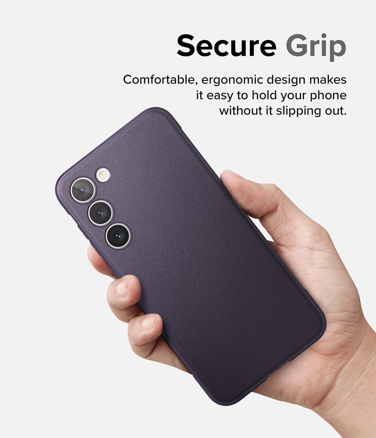 Galaxy S23 Case | Onyx - A hand holding a dark purple textured Galaxy S23 case with a triple camera cutout against a white background.