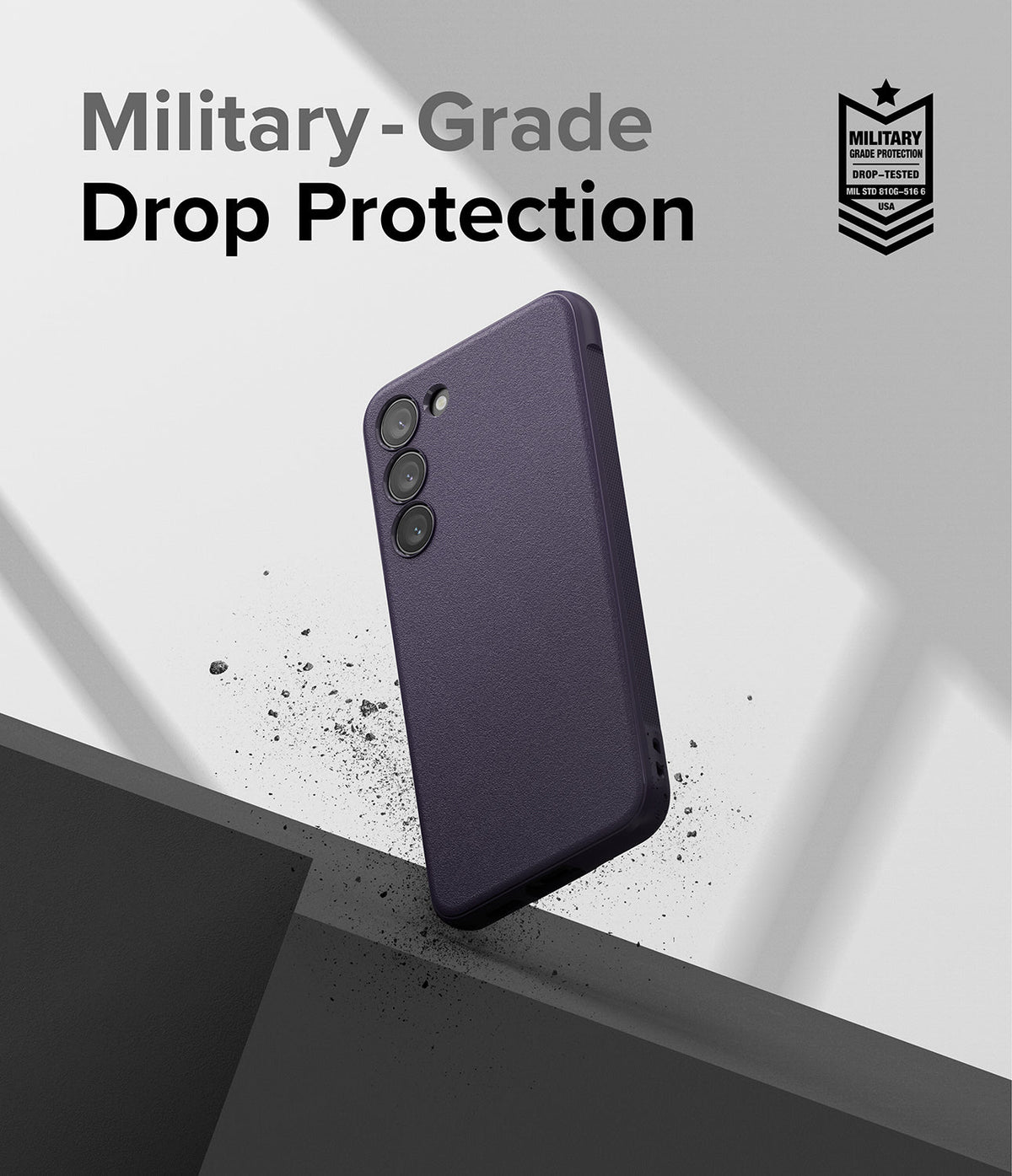 Galaxy S23 Case | Onyx - Purple phone case with military-grade drop protection badge against a geometric background.