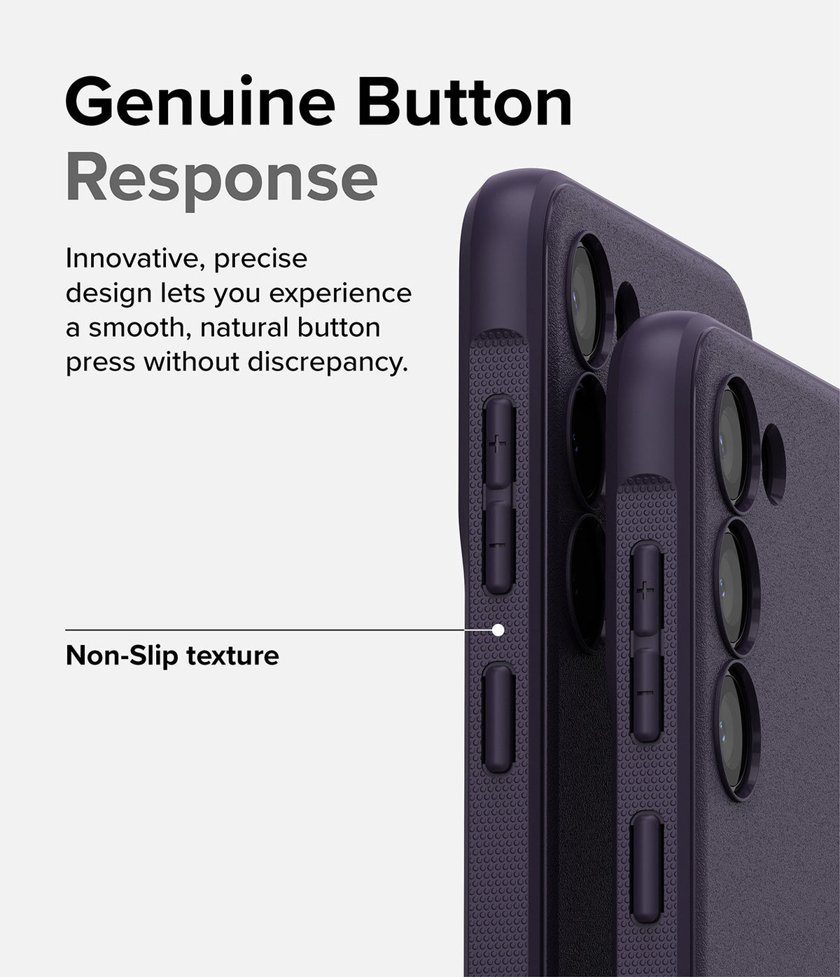 Galaxy S23 Case | Onyx - Close-up of a dark purple phone case highlighting tactile buttons and a textured, non-slip side grip.