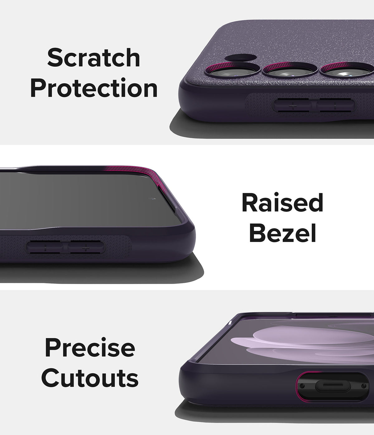 Galaxy S23 Case | Onyx - Close-ups of a dark purple phone case highlighting camera protection, raised screen bezels, and port cutouts.