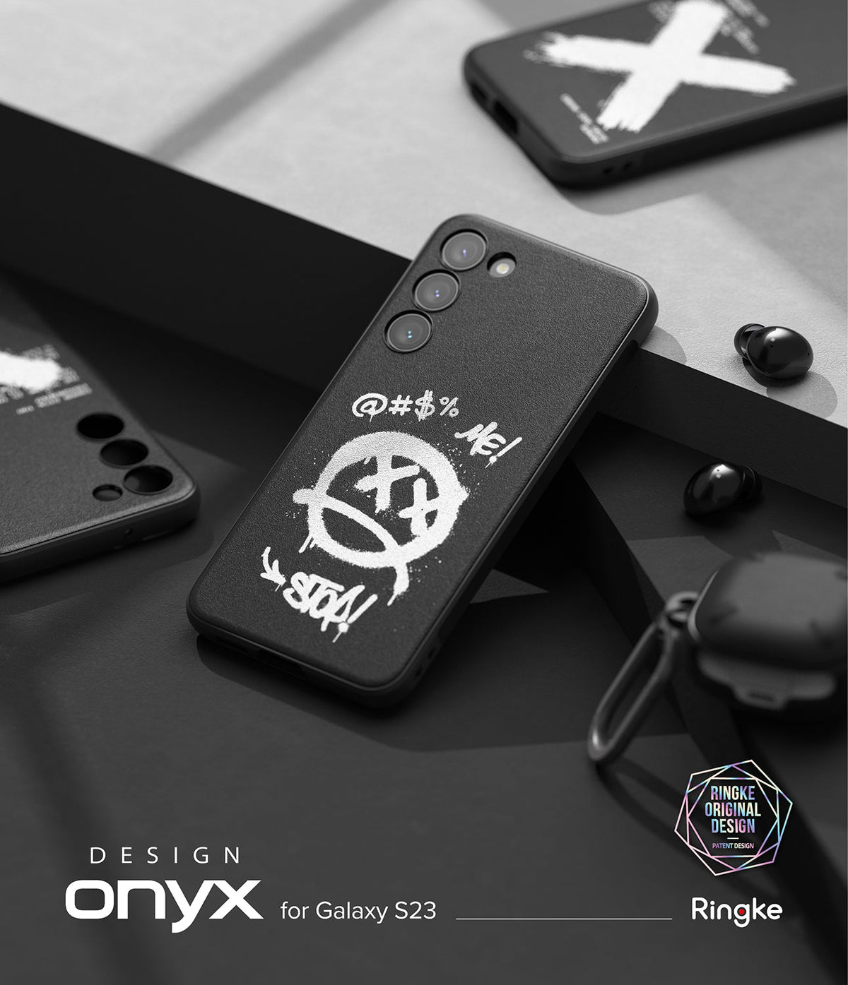 Galaxy S23 Case | Onyx Design - Black phone case with white graffiti-style smiley face and text on a dark geometric surface.
