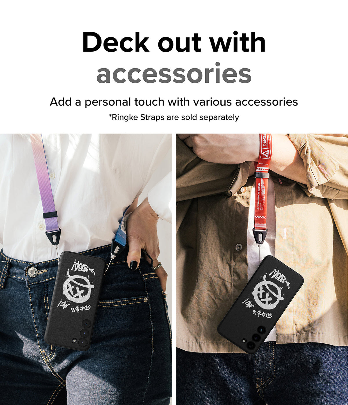 Galaxy S23 Case | Onyx Design - Two people wearing black phone cases with graffiti art attached to colorful neck and wrist straps.