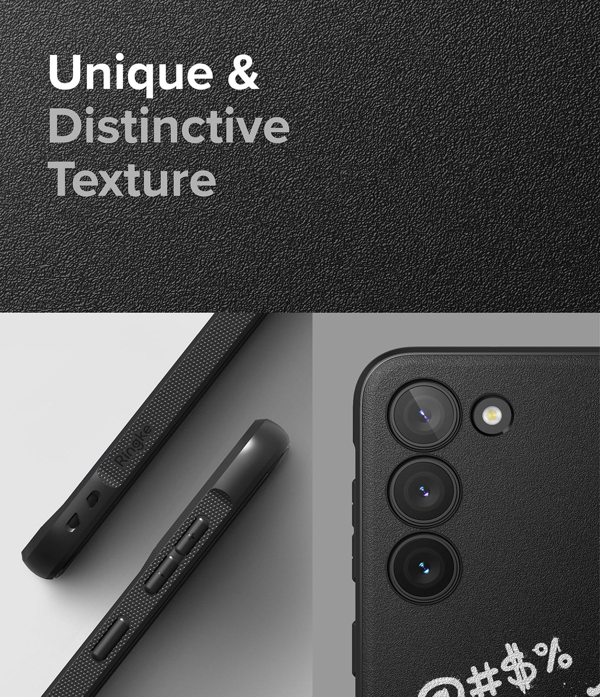 Galaxy S23 Case | Onyx Design - Close-up of a black textured phone case with side buttons and a triple-lens camera array.