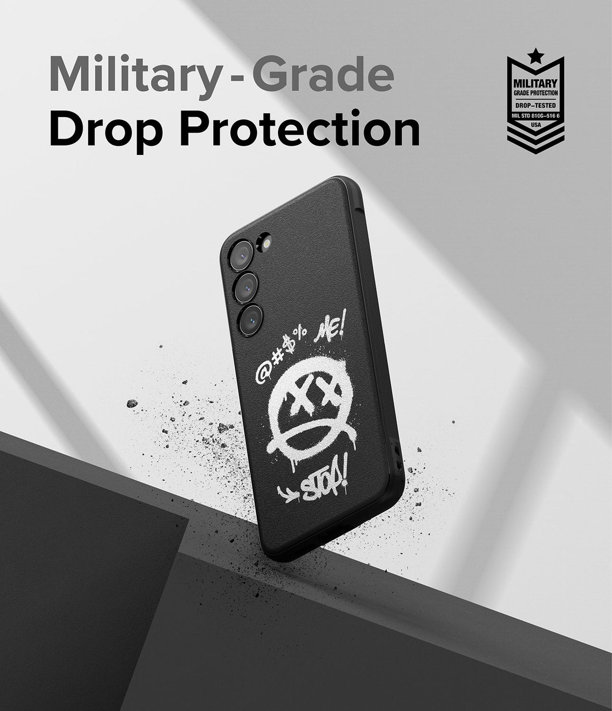 Galaxy S23 Case | Onyx Design - Black phone case with white graffiti art, featuring military-grade drop protection text.