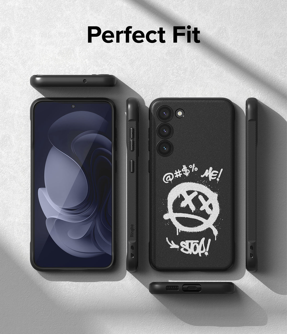 Galaxy S23 Case | Onyx Design - Black phone case with white graffiti art showing a smiley face and text on a textured background.