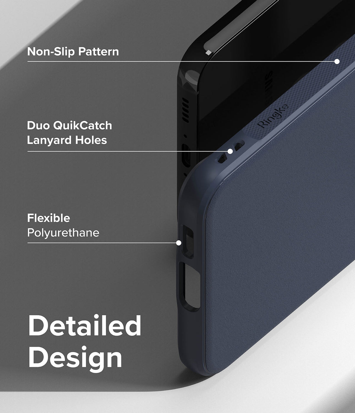 Galaxy S23 Case | Onyx - Close-up of navy phone case highlighting non-slip texture, lanyard holes, and flexible material.