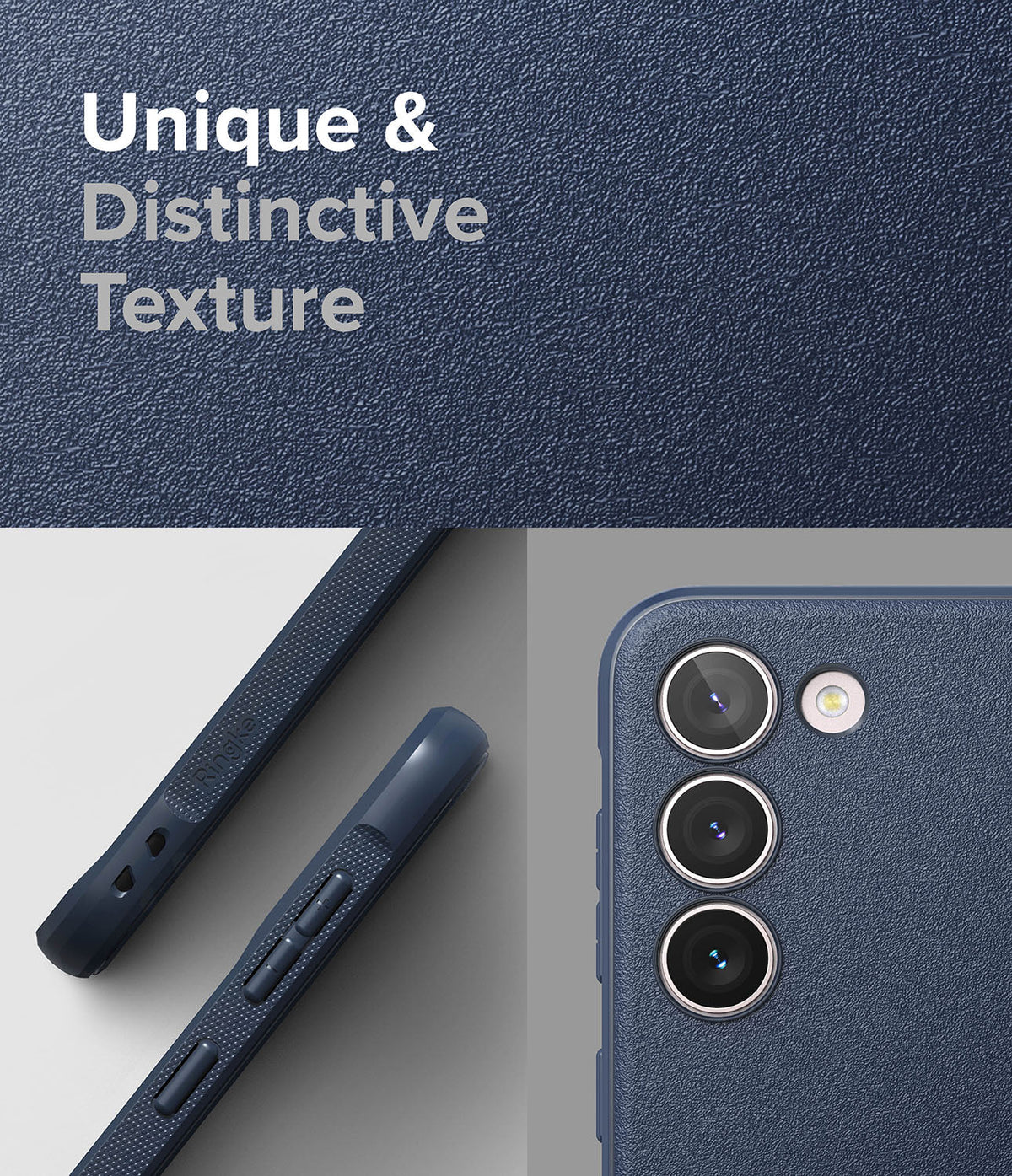 Galaxy S23 Case | Onyx - Close-up of navy textured phone case showing side buttons and triple camera lens layout.