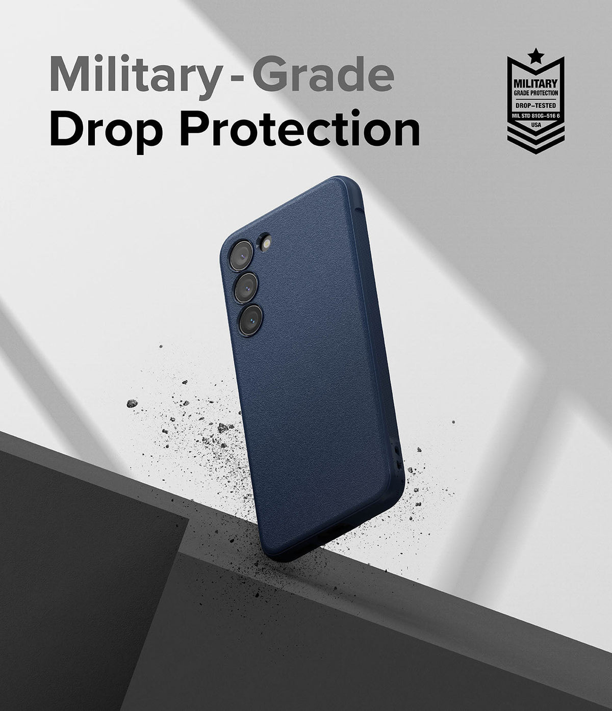 Galaxy S23 Case | Onyx - Navy blue phone case with military-grade drop protection badge on a textured background.