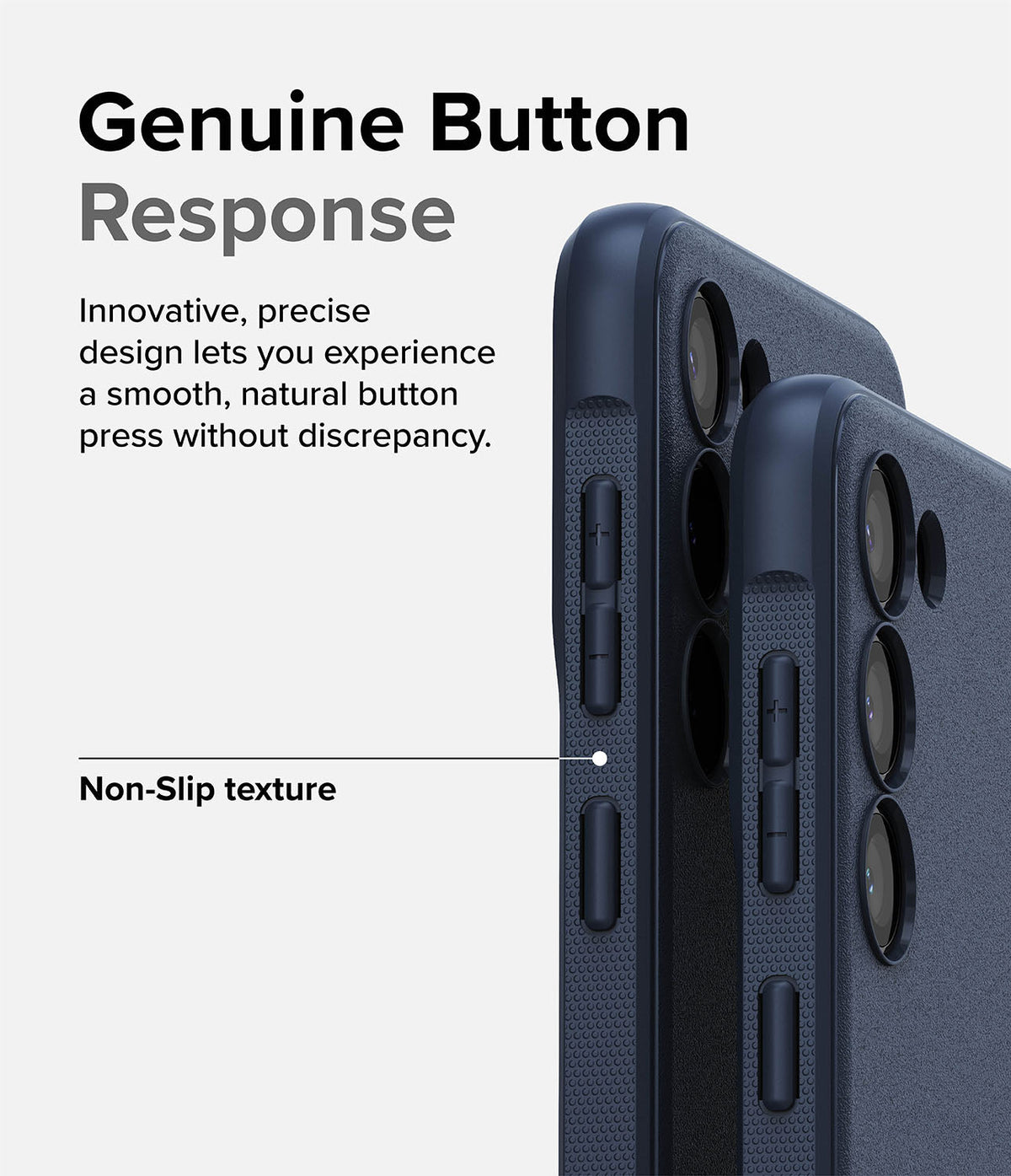 Galaxy S23 Case | Onyx - Close-up of a textured black phone case highlighting precise button design and non-slip side grip.