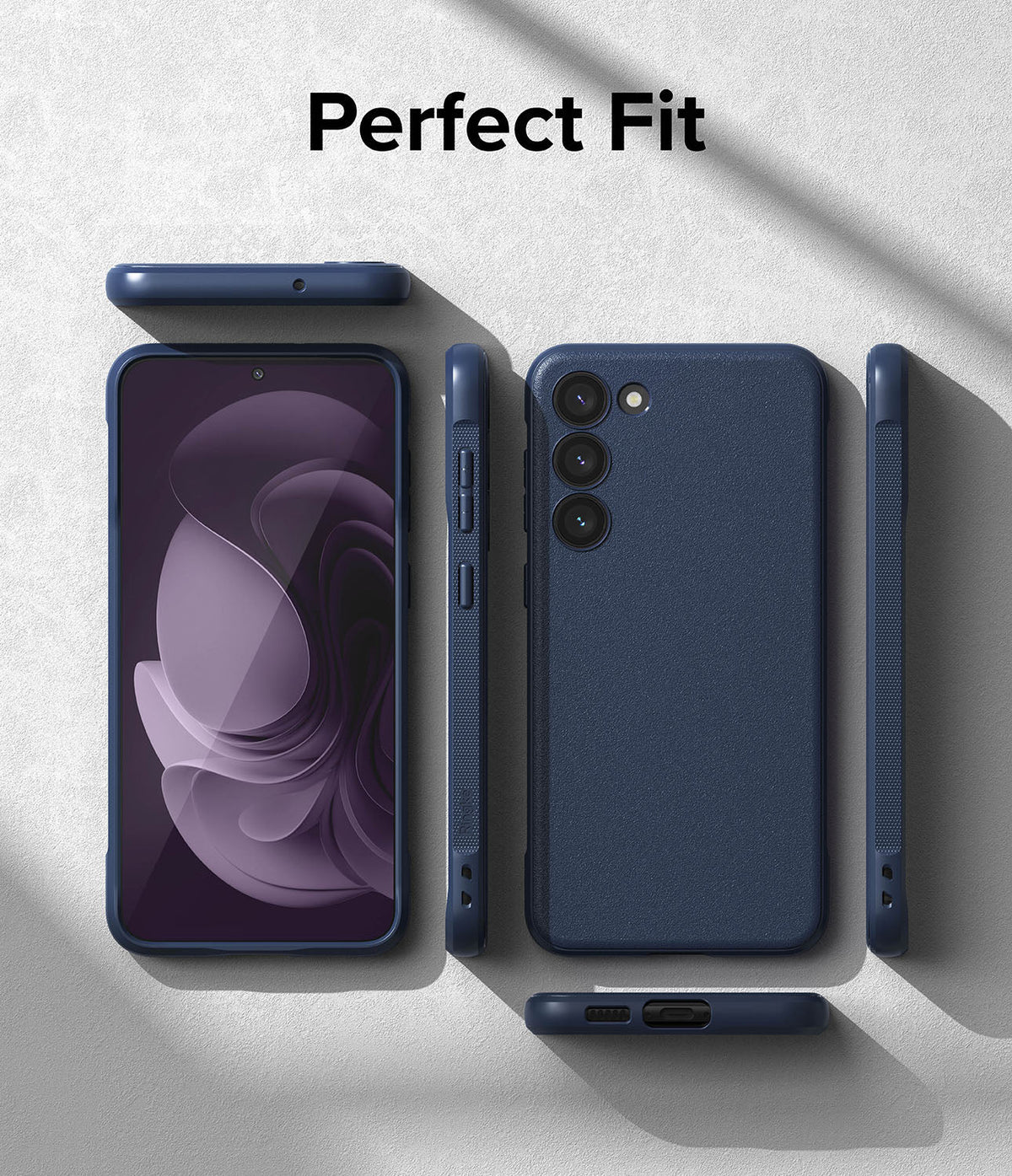 Galaxy S23 Case | Onyx - Multiple views of a dark blue phone case showing front, back, and side profiles on a textured background.
