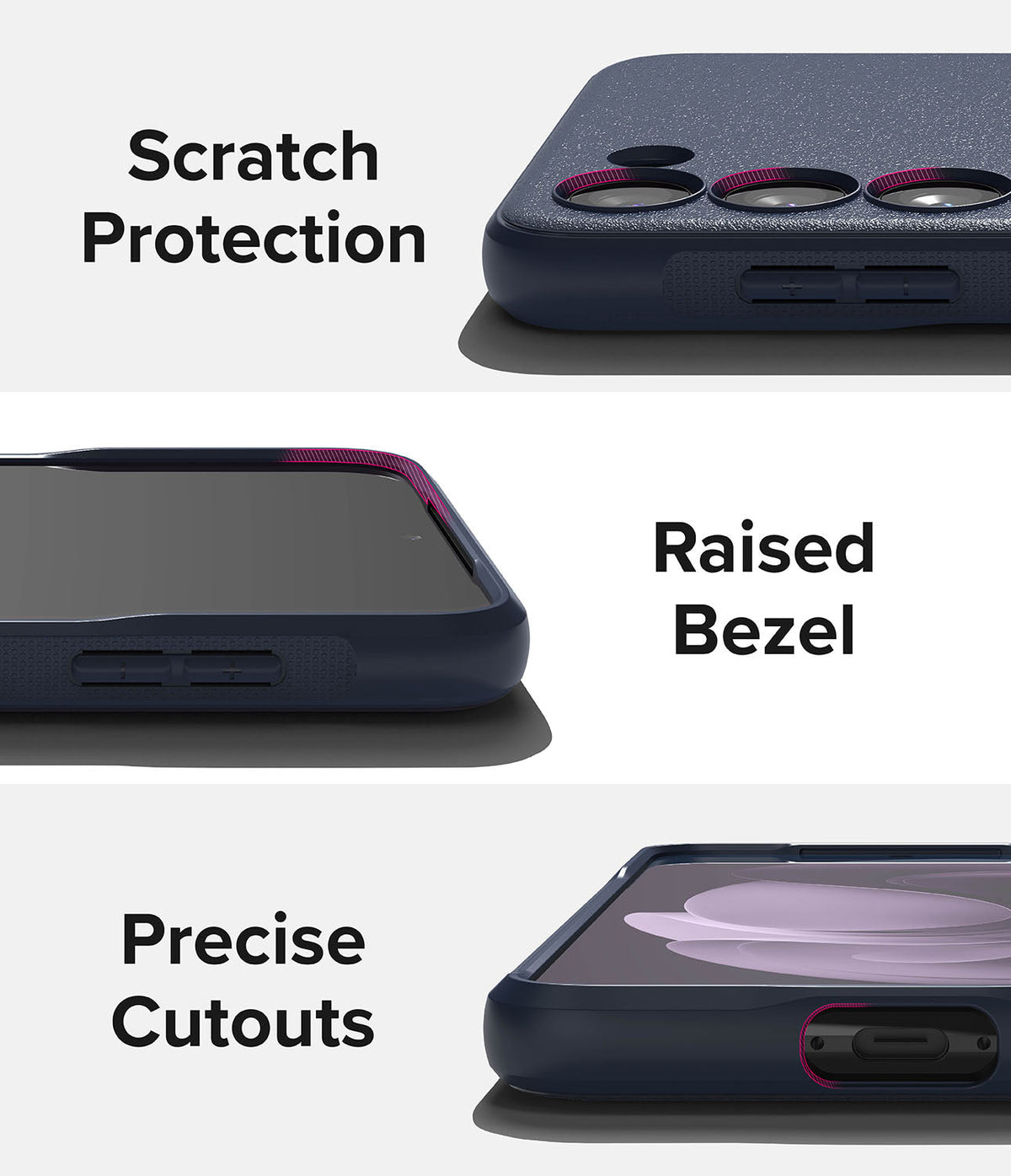 Galaxy S23 Case | Onyx - Three close-up views of a dark blue phone case highlighting scratch protection, raised bezels, and cutouts.
