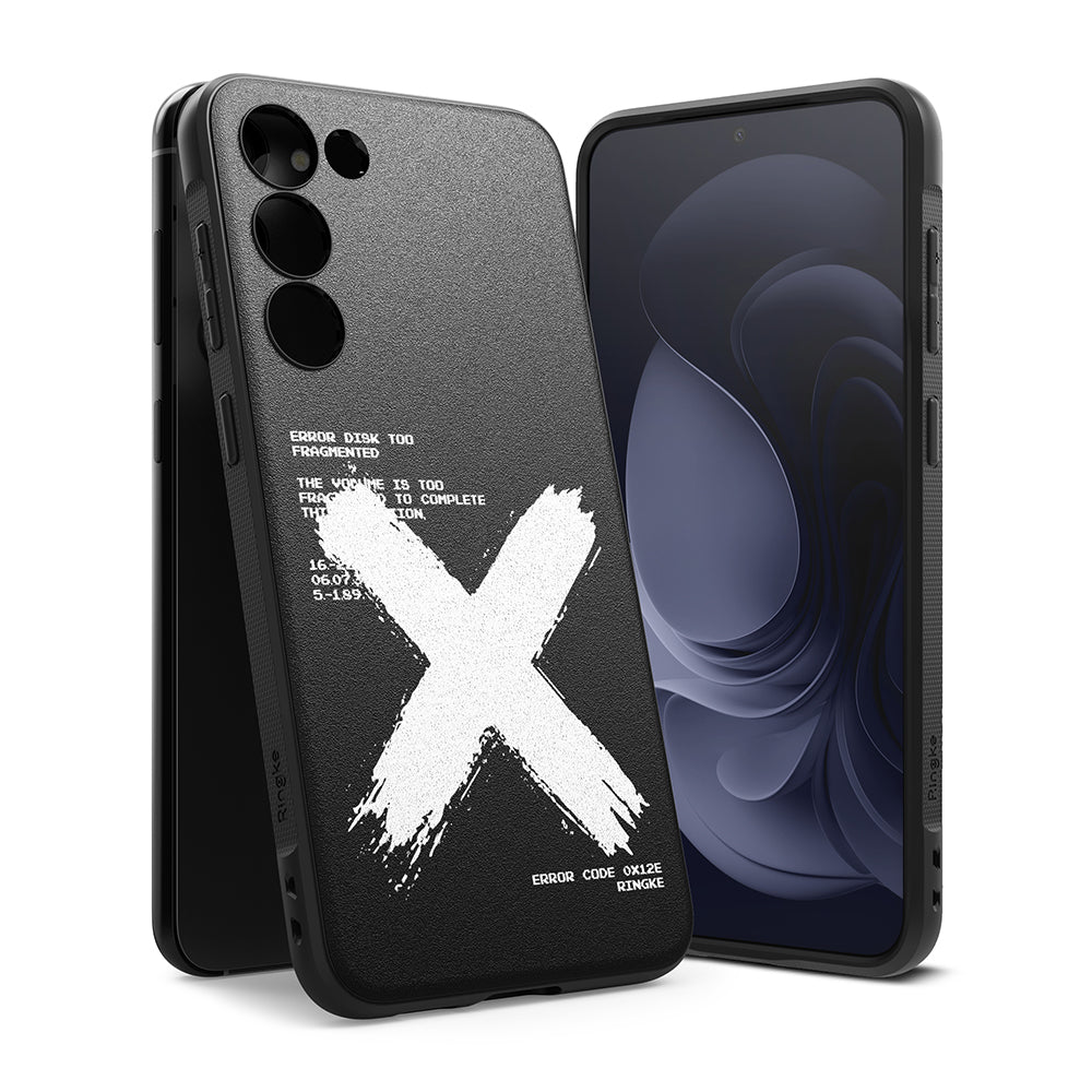 Galaxy S23 Case | Onyx Design - Black phone case with a large white X, technical text, and textured finish on a Galaxy S23.