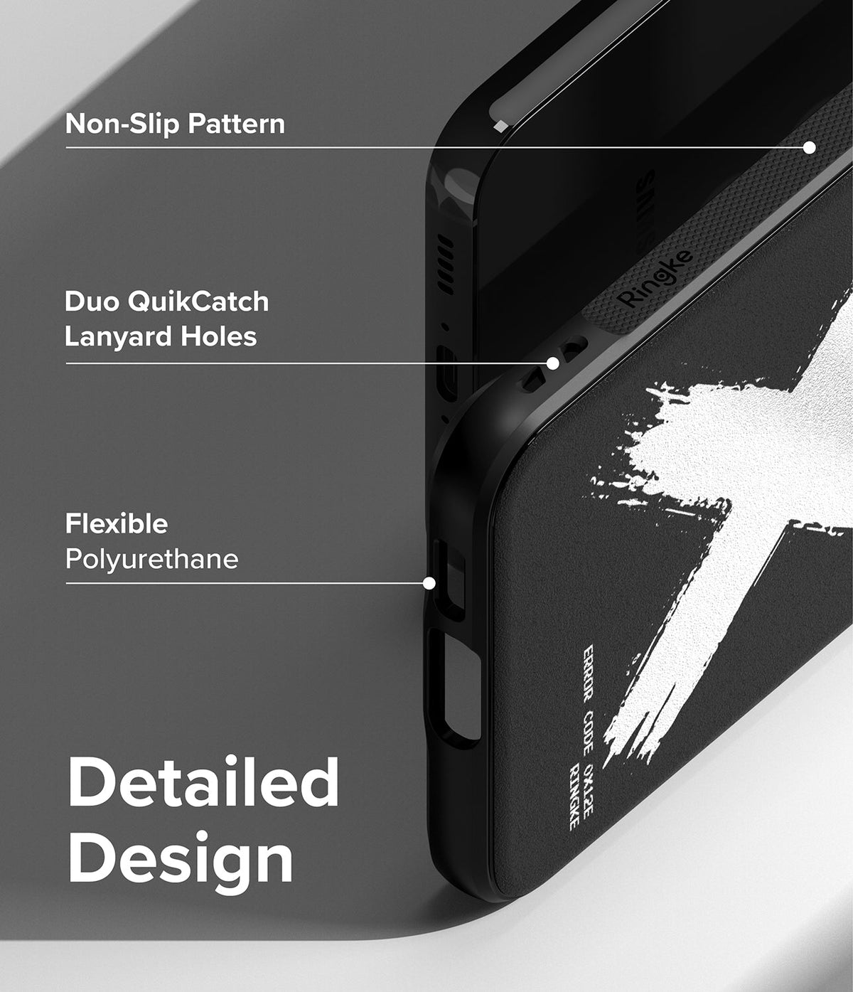 Galaxy S23 Case | Onyx Design - Close-up of phone case features including non-slip texture, lanyard holes, and flexible material.