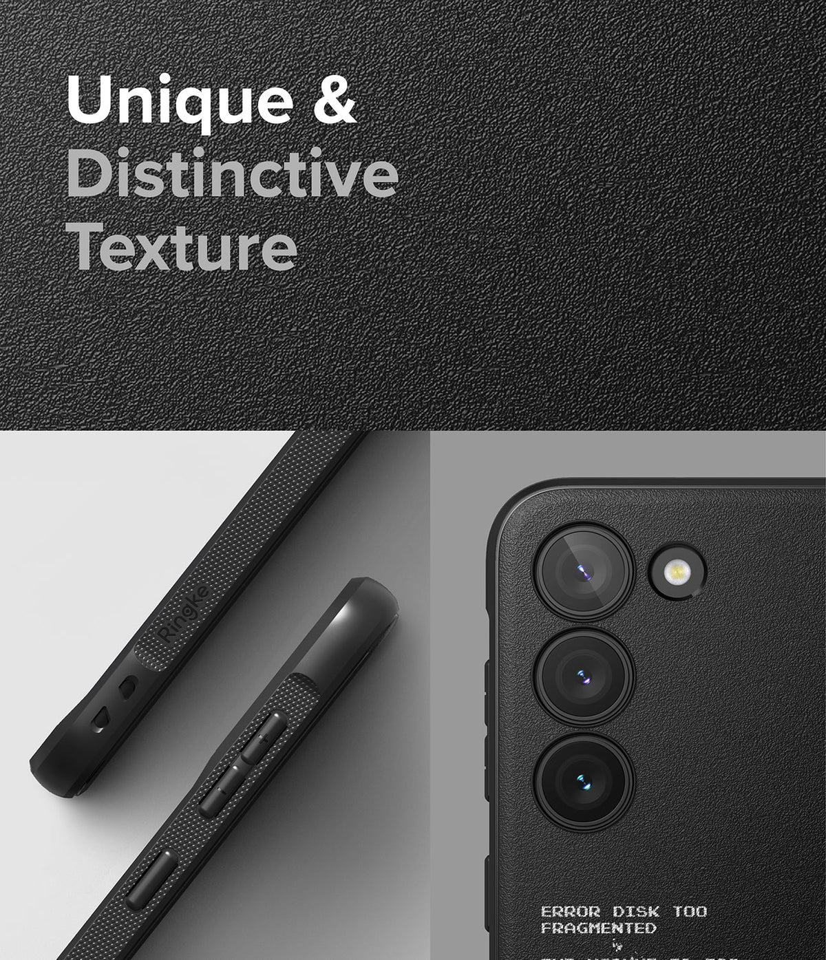 Galaxy S23 Case | Onyx Design - Textured black phone case showing side buttons and camera lenses with "Unique & Distinctive Texture" text.