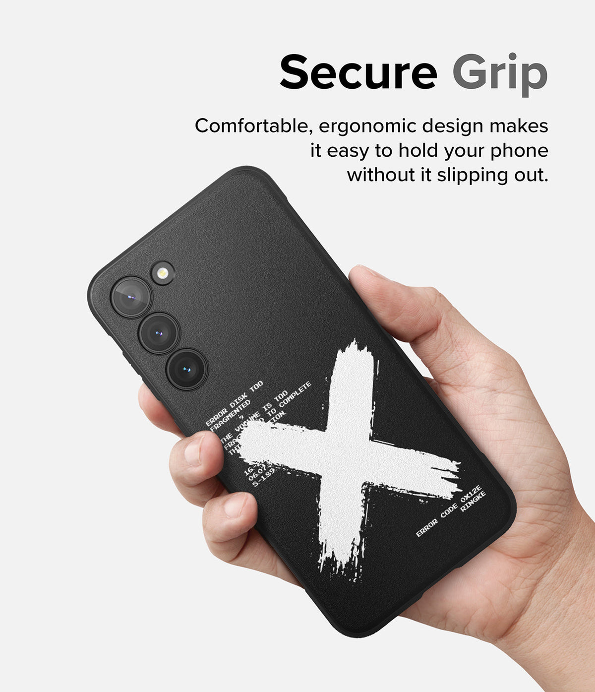 Galaxy S23 Case | Onyx Design - Hand holding a black phone case with a white brushstroke X and technical text.
