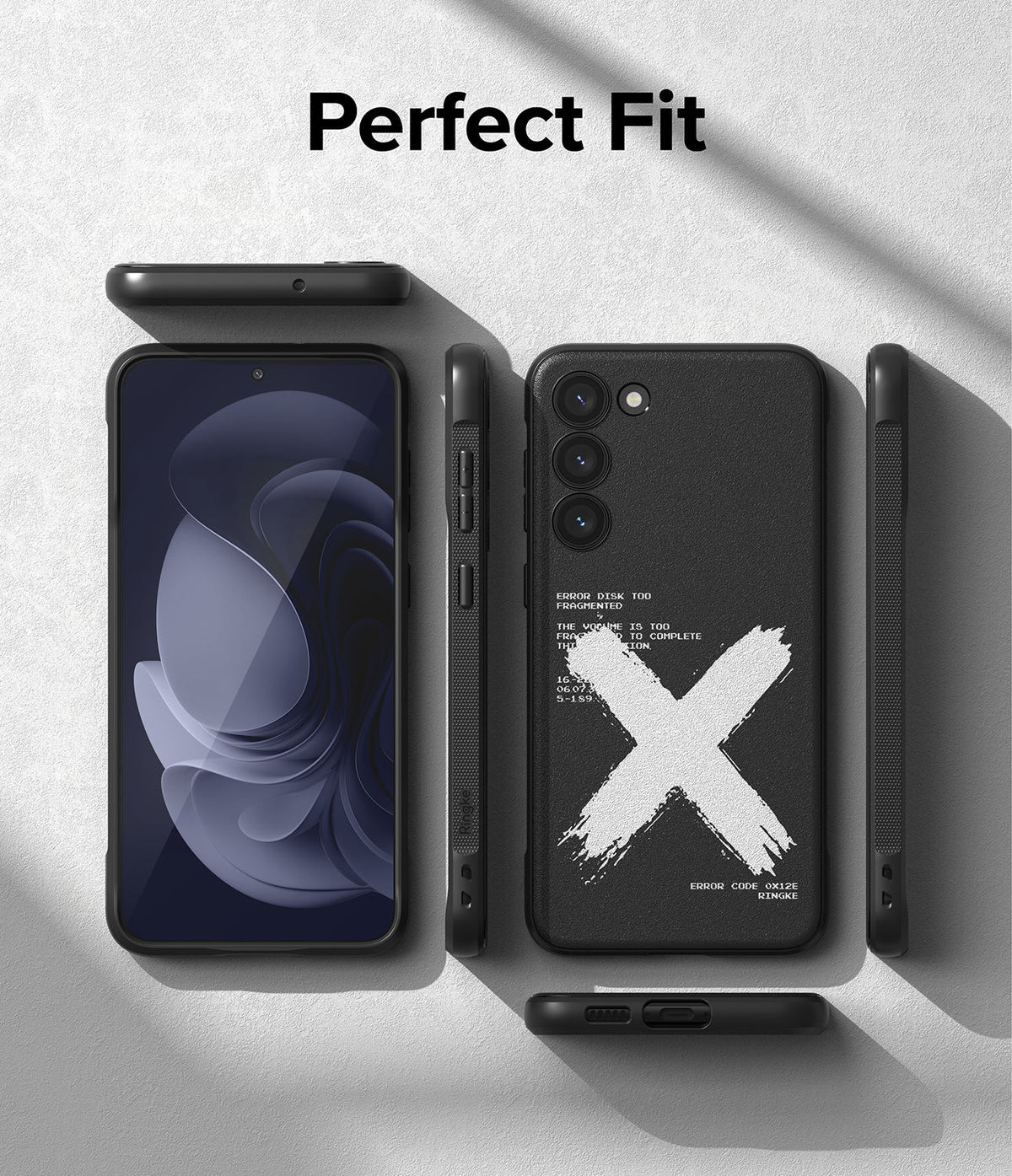 Galaxy S23 Case | Onyx Design - Black phone case with a white X graphic and text, shown from multiple angles on a textured surface.