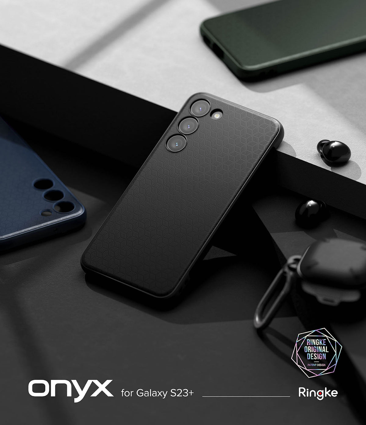 Galaxy S23 Plus Case | Onyx - Black textured phone case for Galaxy S23 Plus on a dark surface with accessories.