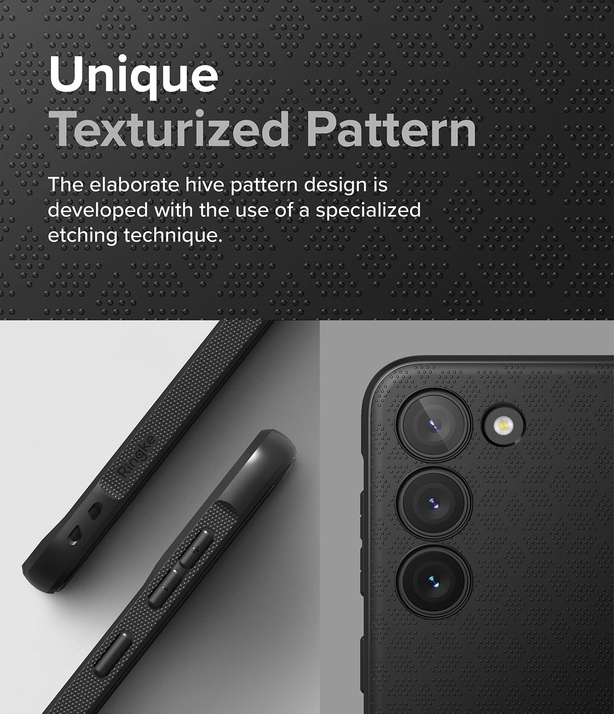 Galaxy S23 Plus Case | Onyx - Close-up of black phone case with a textured hive pattern and camera lens cutouts.