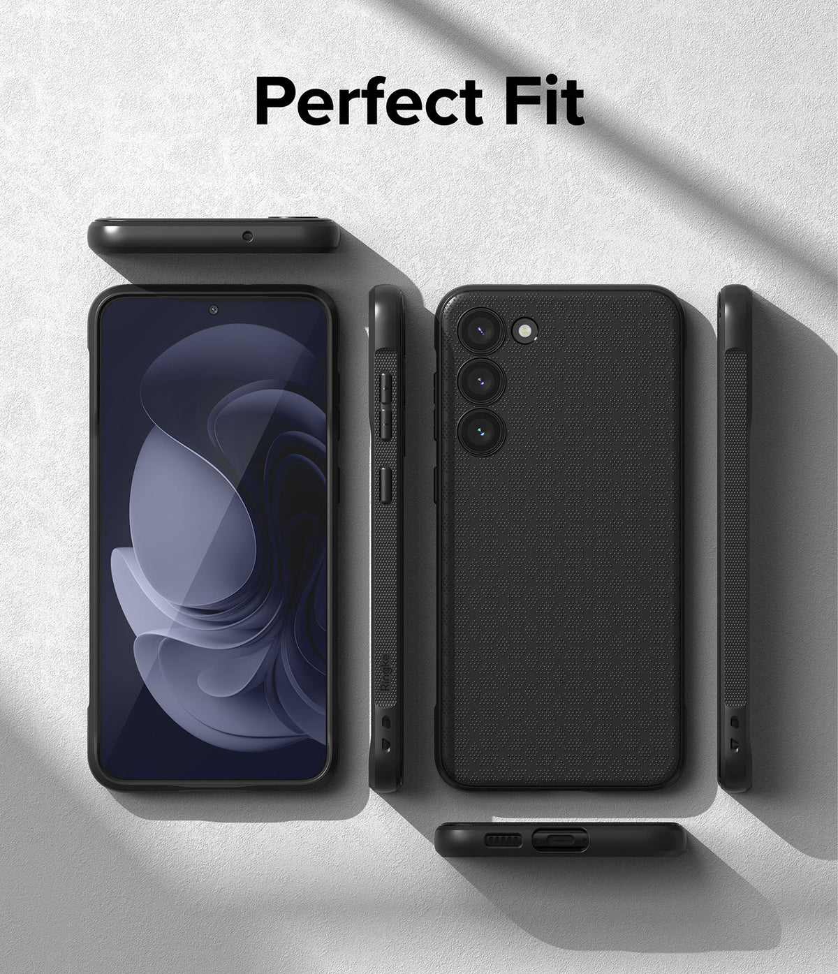 Galaxy S23 Plus Case | Onyx - Multiple views of a black textured phone case showing front, back, and side profiles.