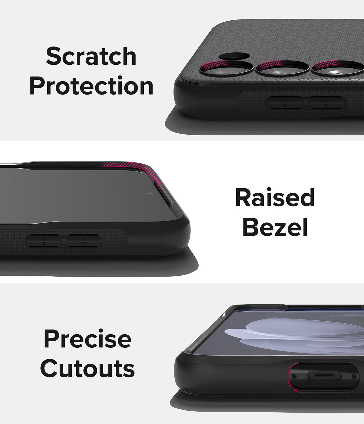Galaxy S23 Plus Case | Onyx - Close-up views highlighting scratch protection, raised screen bezels, and precise port cutouts.