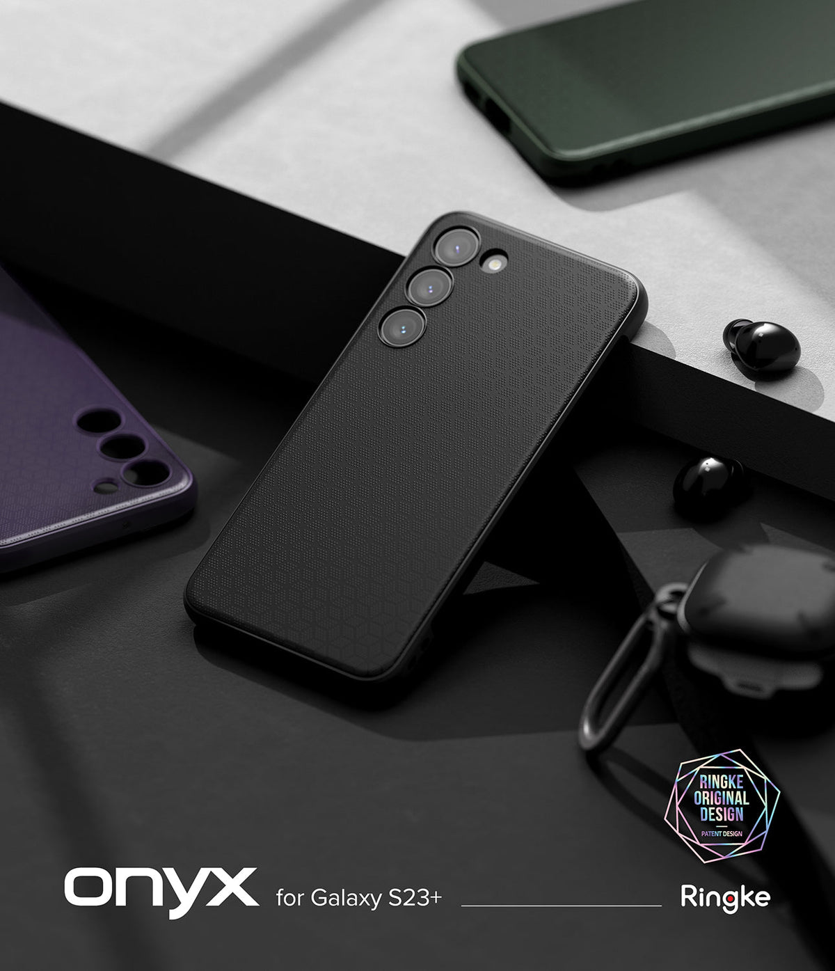Galaxy S23 Plus Case | Onyx - Black textured phone case for Galaxy S23+ on a dark surface with accessories and branding.