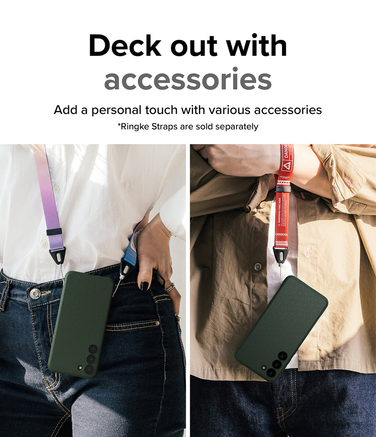 Galaxy S23 Plus Case | Onyx - Two people wearing dark green phone cases on colorful neck straps against their clothing.