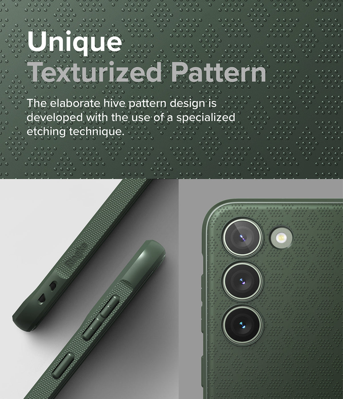 Galaxy S23 Plus Case | Onyx - Dark green phone case with a textured hive pattern, showing side buttons and camera lenses.