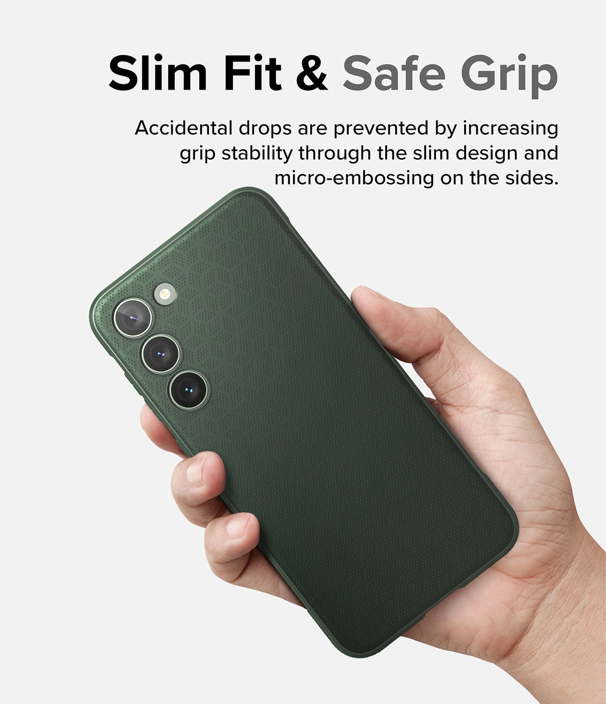 Galaxy S23 Plus Case | Onyx - Hand holding a dark green textured phone case with a slim design and micro-embossed sides.