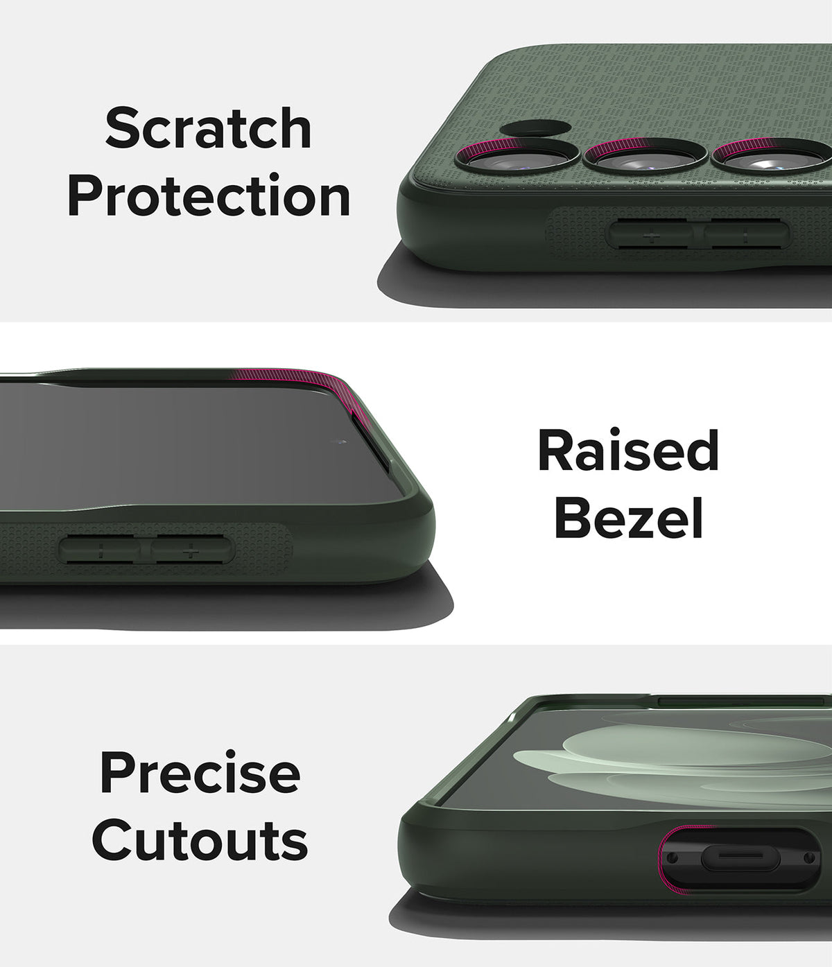 Galaxy S23 Plus Case | Onyx - Three views of a green phone case highlighting camera protection, raised screen bezels, and ports.