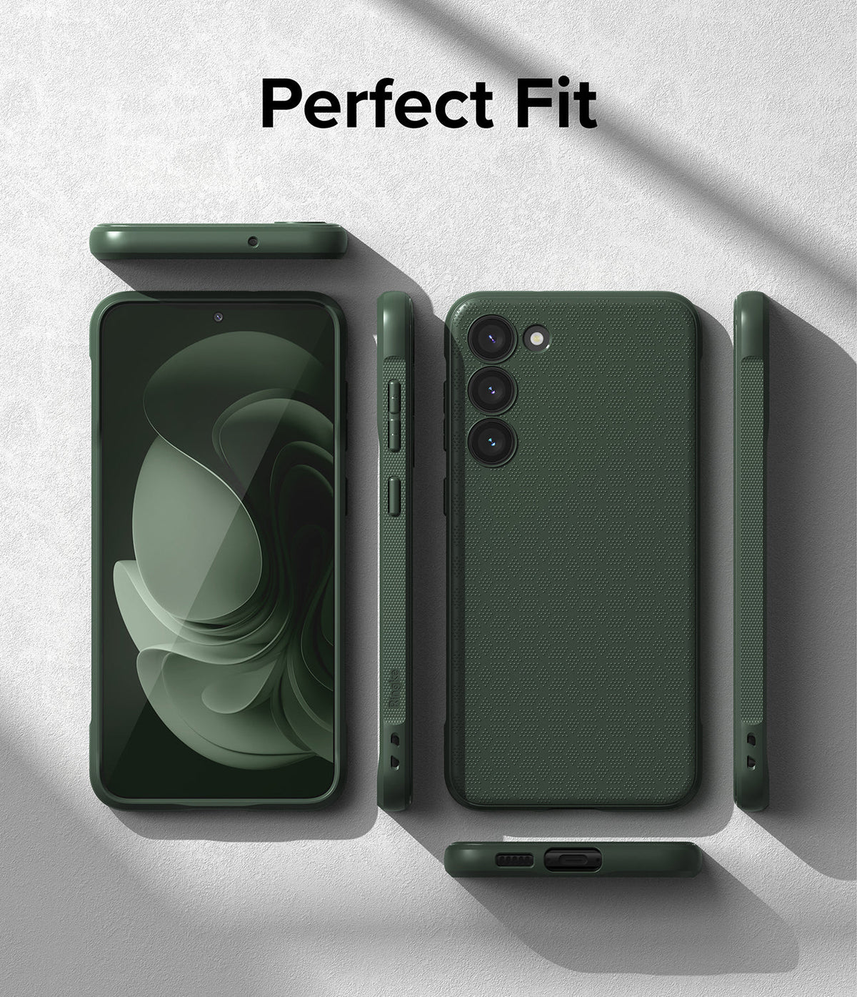 Galaxy S23 Plus Case | Onyx - Multiple views of a dark green textured phone case showing front, back, and side profiles.