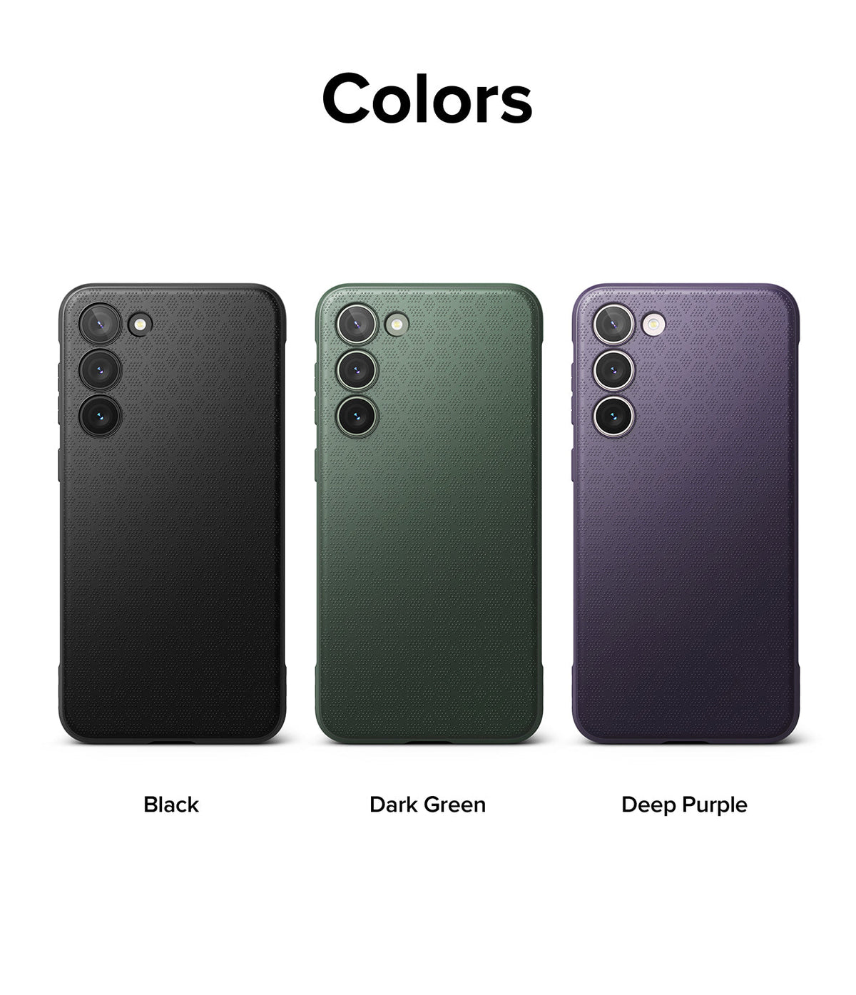 Galaxy S23 Plus Case | Onyx - Three textured phone cases in black, dark green, and deep purple displayed side-by-side.