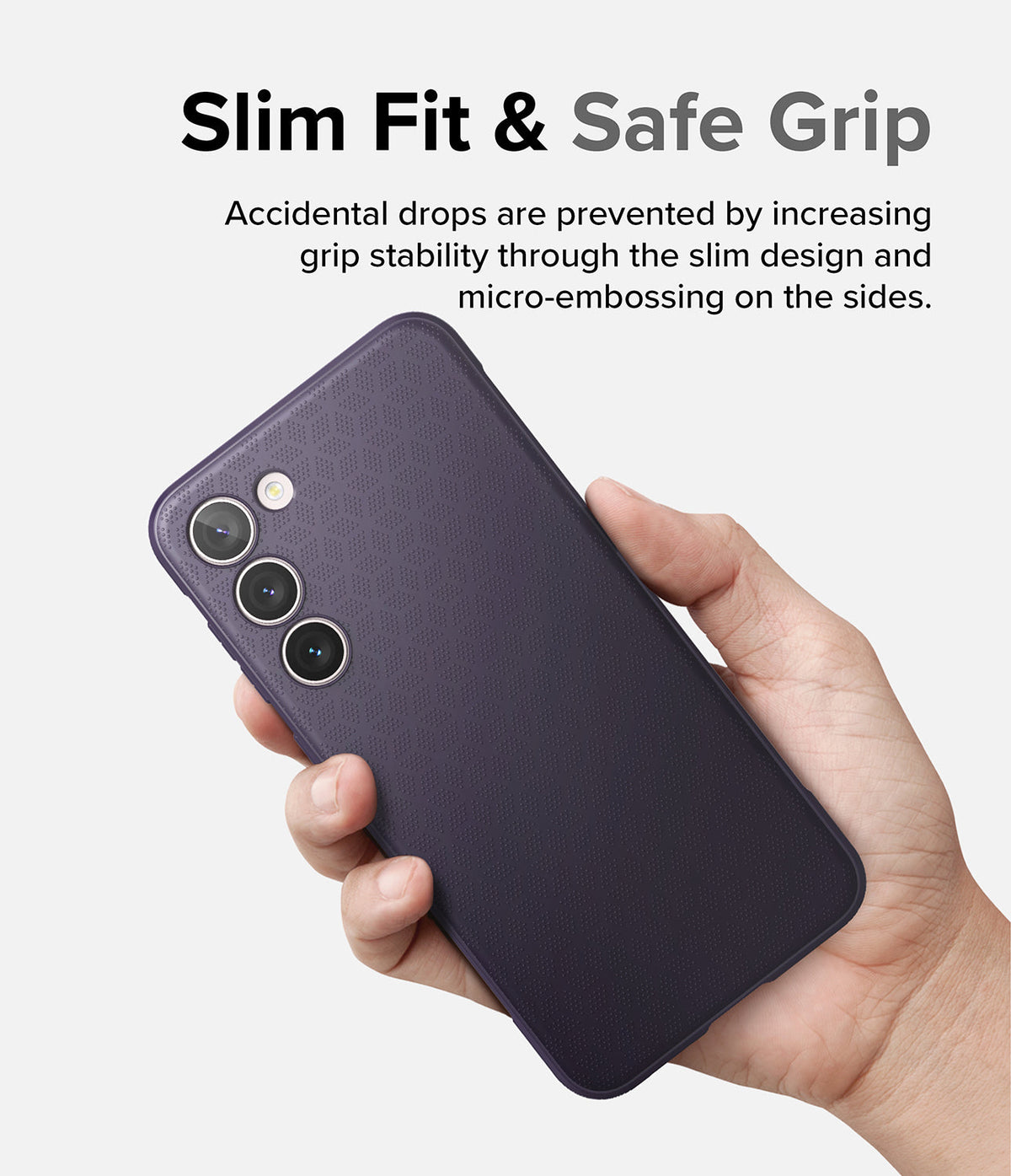 Galaxy S23 Plus Case | Onyx - Hand holding a dark purple phone case with a textured, micro-embossed surface for grip.