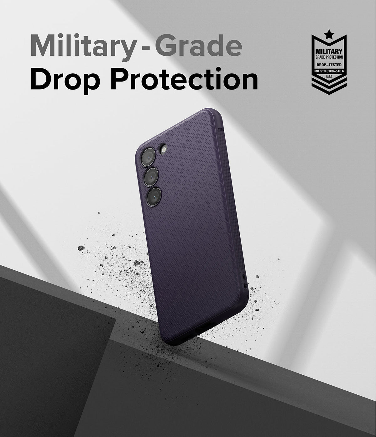 Galaxy S23 Plus Case | Onyx - Dark purple textured phone case with military-grade drop protection badge on white background.
