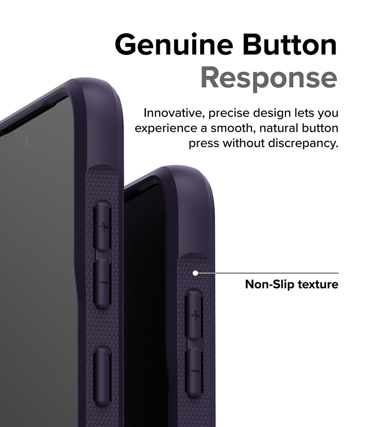 Galaxy S23 Plus Case | Onyx - Close-up of dark purple phone case buttons with textured non-slip grip and responsive design.